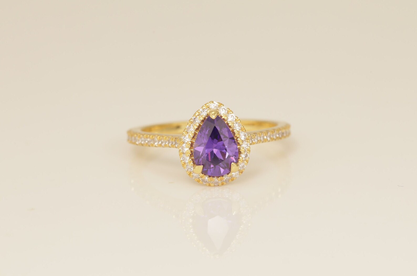 1.25 CT Diamond Halo Amethyst Engagement Ring, February Birthstone Ring, Pear Shape Amethyst Wedding Ring, Unique Promise Ring